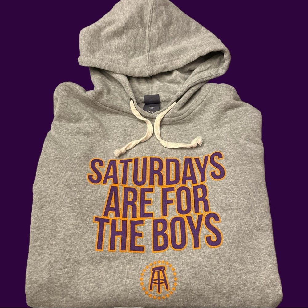 Barstool Sports Hoodie Saturdays Are For The Boys Sweatshirt Gray Purple Orange